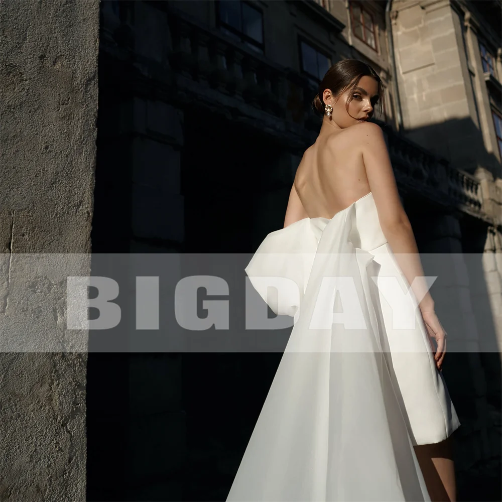 Sukienka ślubna damska BIGDAY, krótka, typu \"sheath\", z kokardą, odkryte plecy, bez ramiączek, plisowana, przed kolano, suknia ślubna Vestidos De Noiva, szyta na miarę, 2025