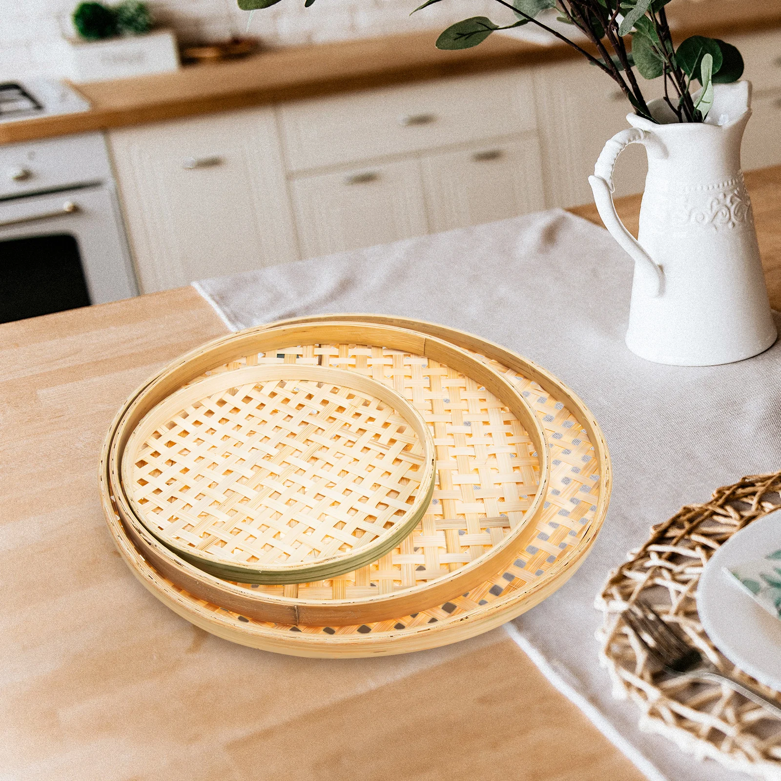 

3 Pcs Bamboo Woven Low Basket Rattan Strainer Bread Lid Tray Kitchen Storage Home Accessory Gift