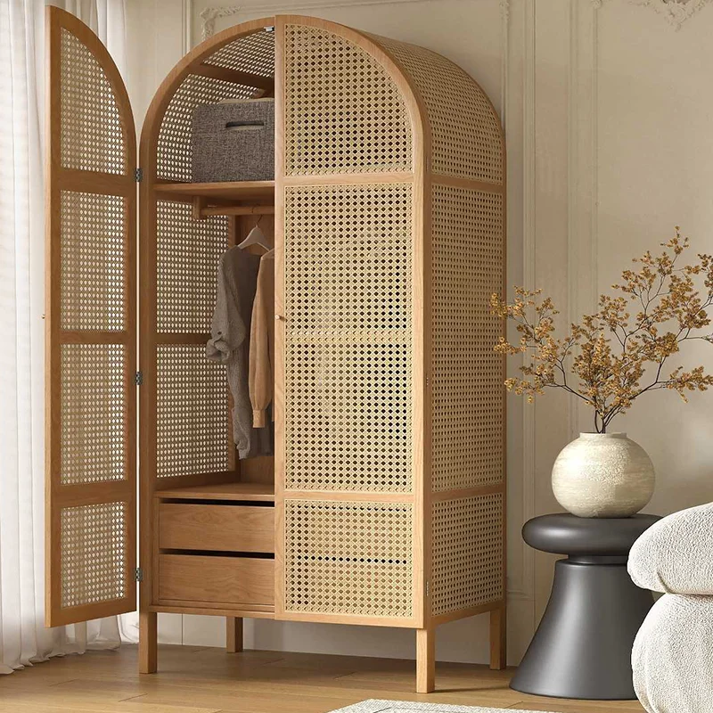 

Solid wood rattan wardrobe storage small apartment, quiet wind bed and breakfast bedroom simple storage wardrobe