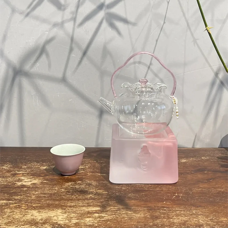 

Pink Glass Tea Kettle Set with Warming Stove Gongfu Teapot with Swanneck Handle & Auspicious Pattern for Home Gatherings