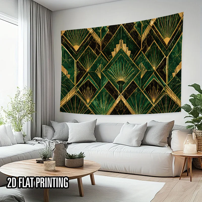 Opulent Emerald Green Gold Geometric Art Deco Sunburst Tapestry Wall Hanging for Luxury Home Decor Living Room