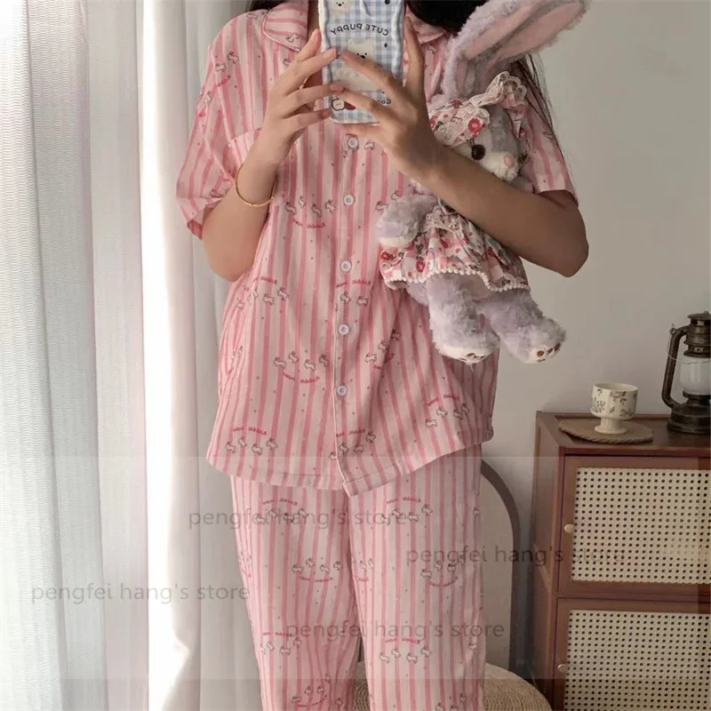 

Women Soft Cotton Sleepweawr Short Sleeve Home Clothes Pink Striped Pajamas Set Summer Autumn Loungewear Kawaii Nightwear