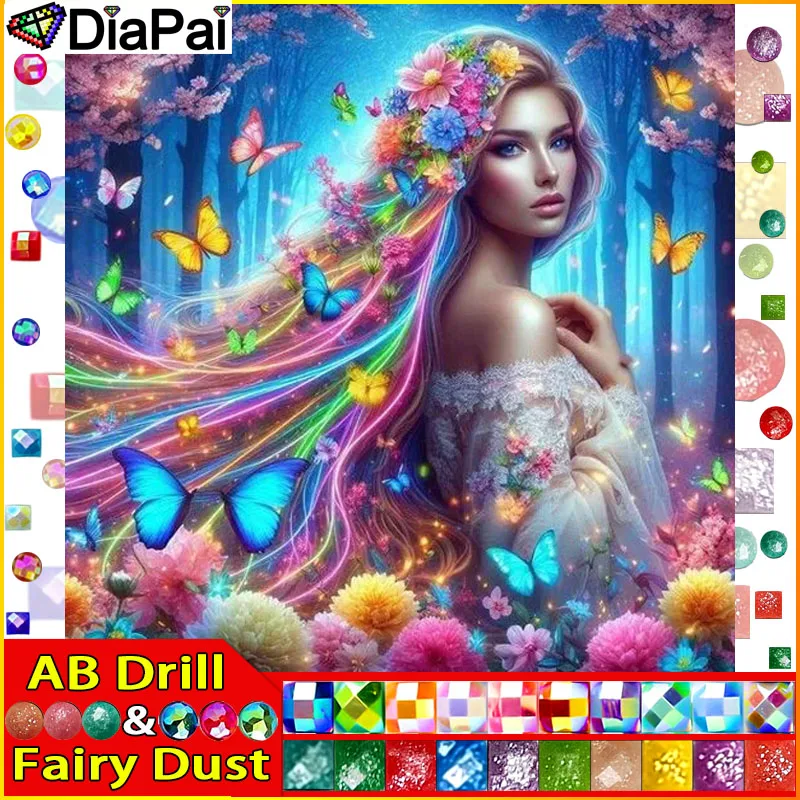 

DIAPAI Fairy Dust AB 5D Алмазная вышивка Набор для рукоделия "Женщина Цветок Бабочка" Diy Алмазная картина Вышивка крестиком Домашние украшения