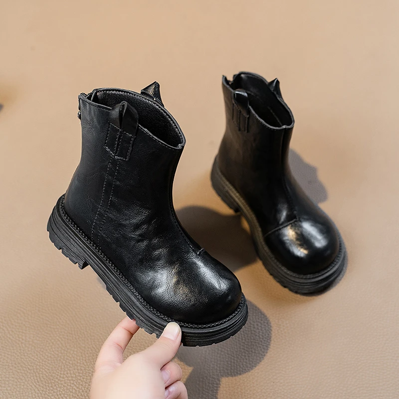 

New Children's Leather Boots Solid Color Simple Girls Platform Ankle Boots Thick Bottom Round-toe Kids School Black Boots Zipper