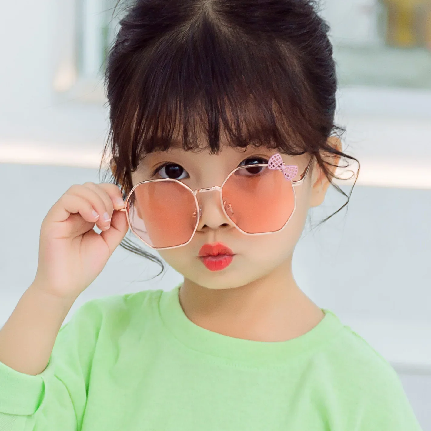 Trendy Fashion Boys and Girls Bow Metal Sunglasses B010 Polygon Trend Children\'s Sun Glasses Kids Outdoor UV400 Eyewear