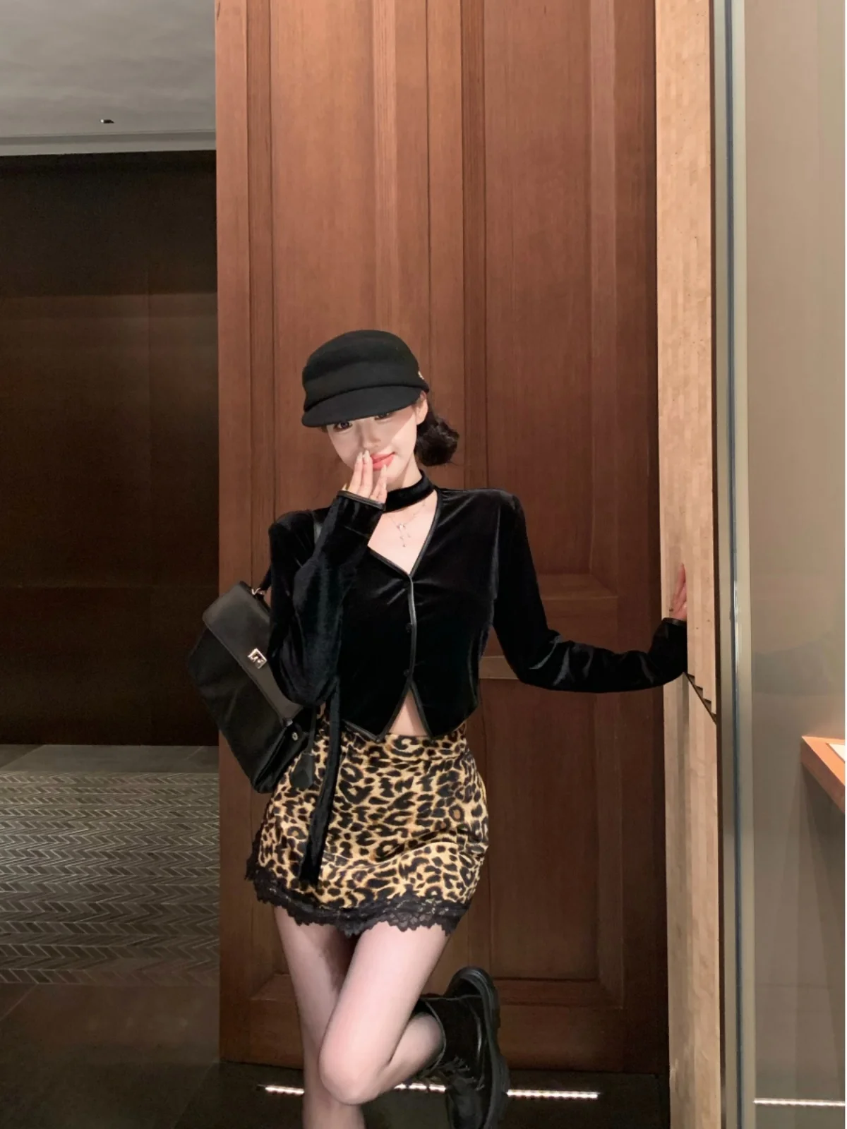 

Elegant Velvet Long Sleeve V-Neck Shirt And Leopard Print Halter Skirt Two-Piece Set for Women Autumn Winter New Style