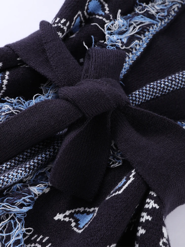 Elegant Print Tassel Cardigan Women Belt V-neck Long Sleeve Loose Knitted Sweaters Female 2025 Autumn Winter Chic Knitwears Lady
