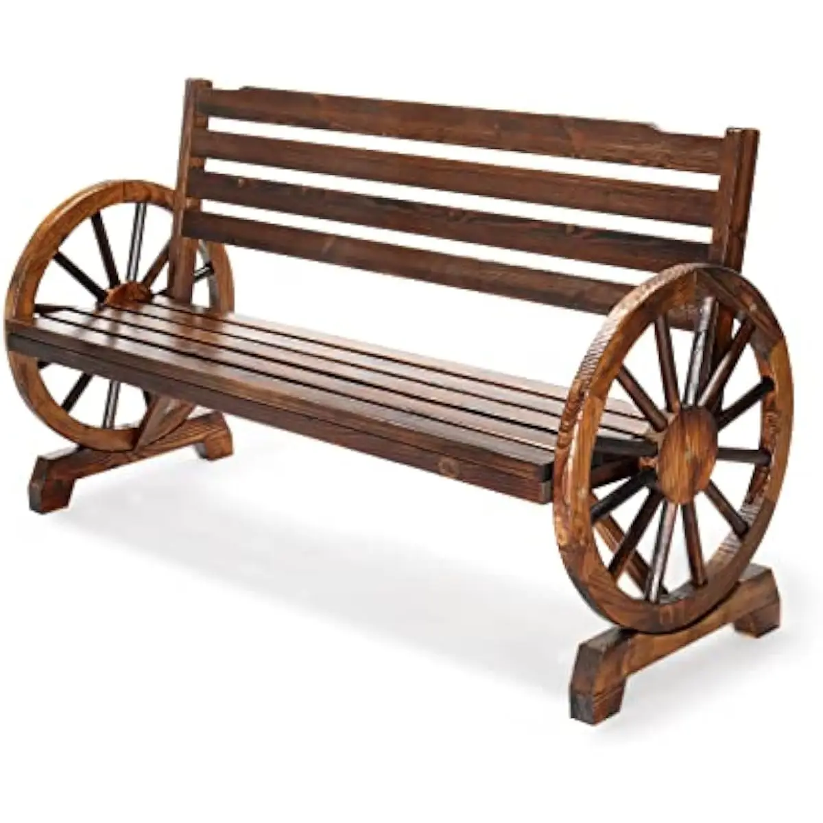 Rustic Fir Wood Outdoor Bench with Wagon Wheel Armrests Slatted Seat Curved Backrest Weatherproof Finish Ergonomic Design for Pa