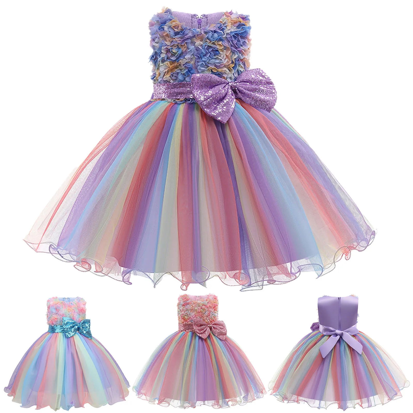 3-10Y Girls Rainbow Tulle Dresses Kid Wedding Tutu Layers Cake Princess Elegant Party Prom Dress Children Communion Evening Gown