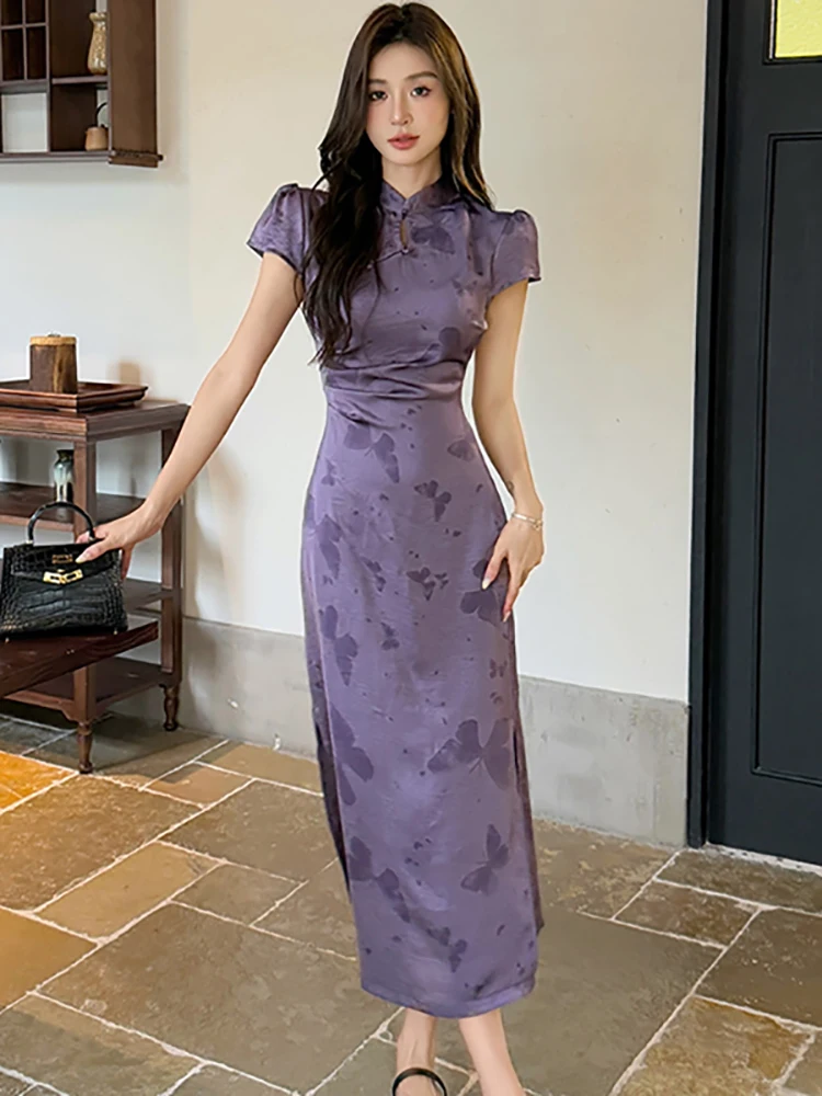 Verão verde impressão cetim gola cheongsam vestido feminino elegante vestido longo de luxo 2025 coreano vintage bodycon vestido de noite