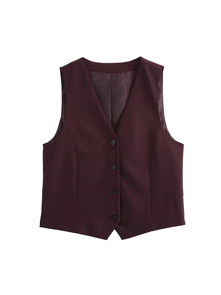 Willshela Women Fashion Wine Red Single Breasted Waistcoats Vest Vintage V-Neck Sleeveless Jackets Female Chic Lady Tank Tops