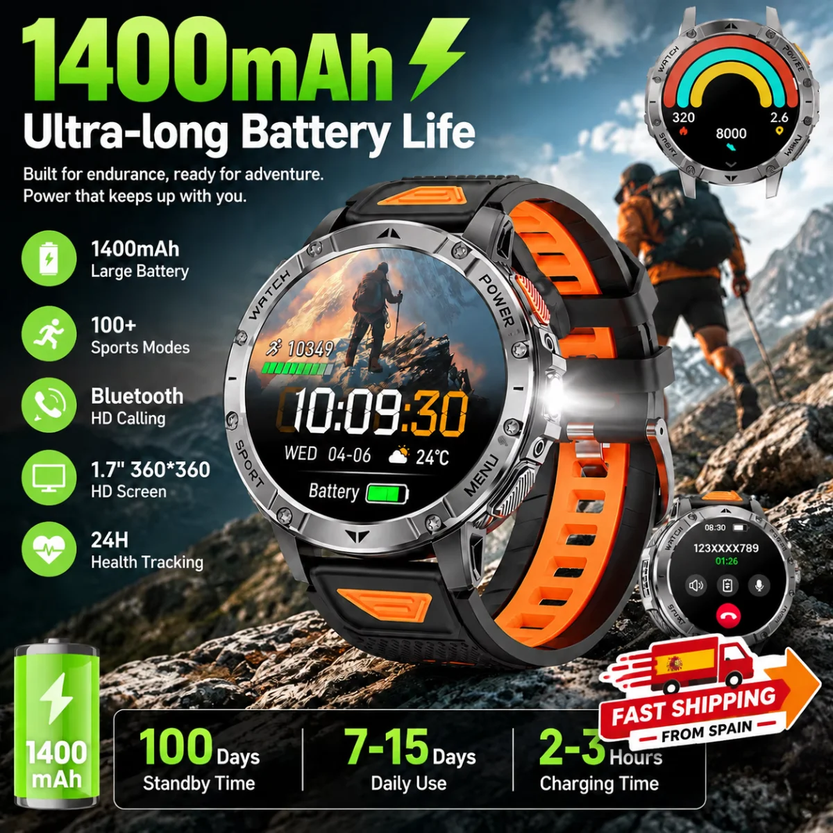 Orologio Intelligente Robusto da Uomo, Display HD 1,7", Batteria Grande 1400mAh, Bluetooth 5.2 Chiamate, Monitor Frequenza Cardiaca e SpO2, Impermeabile IP68, Oltre 100 Modalità Sportive