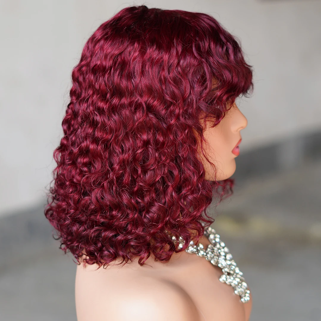 

With Bangs Bungurdy 99j Color Glueless Human Hair Wig Ready To Wear 200% Density Short Curly Pixie Cut Bob Non Lace Front Wig