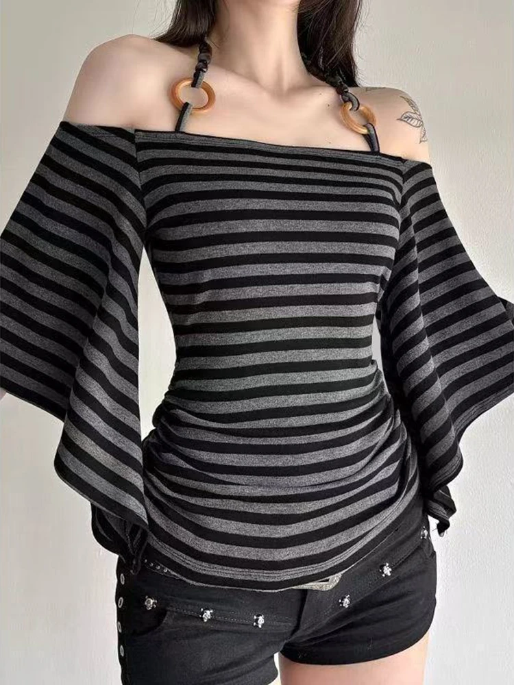 Y2k Vintage Striped T Shirt Women Summer Slash Neck Bandage Harajuku Halter Tees Off Shoulder Batwing Sleeve Streetwear Tops New