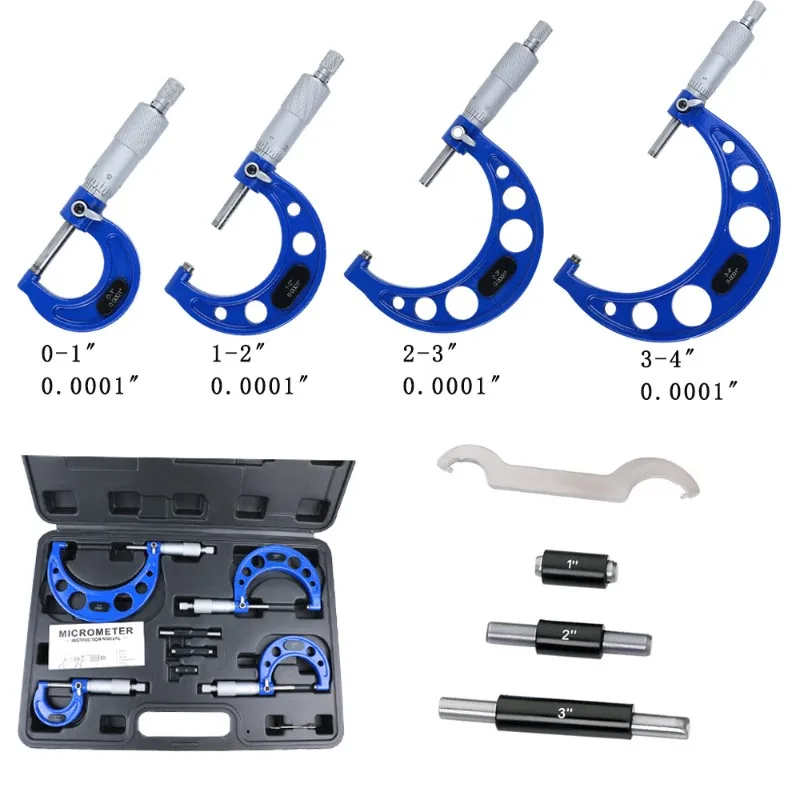 0-4 Inch Outside Micrometer Set, 4 Pcs Precision Grinding Screw Gauge,Imperial Outside Micrometer Kit for Industrial Measurement