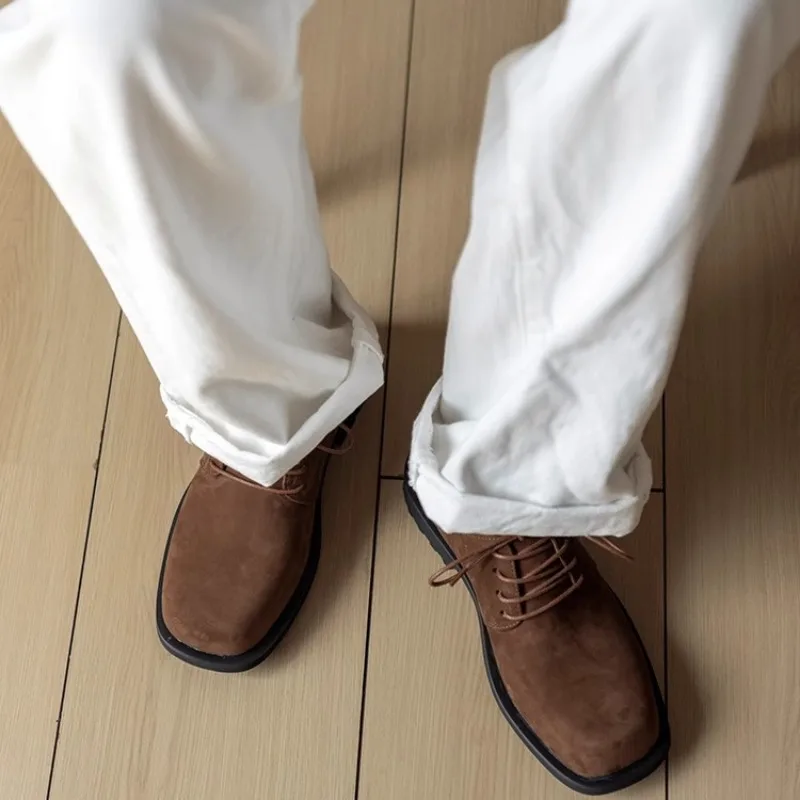 British Style Casual Square Toe Men's Leather Shoes Genuine Leather Breathable Work Formal Thick Bottom Outdoor Spring Autumn