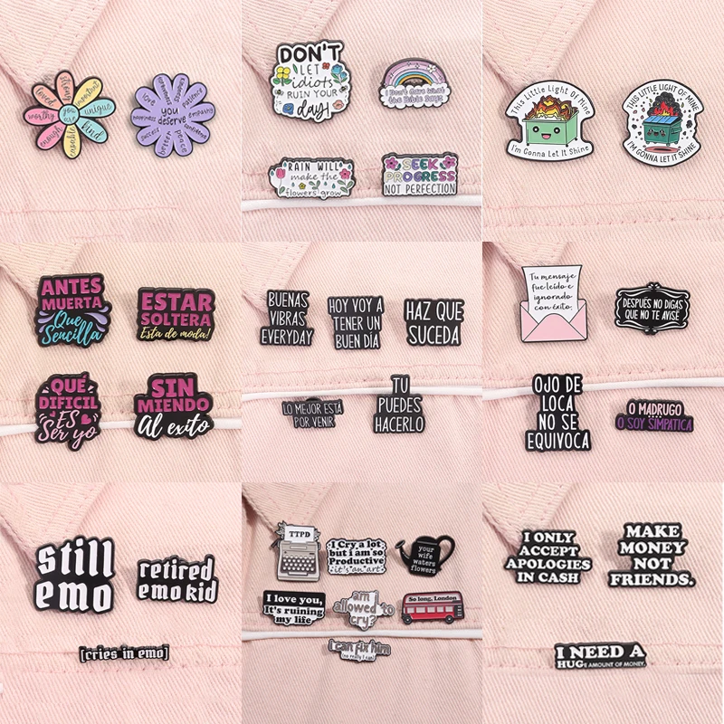 3-7pcs/set Funny Quotes Enamel Pins Spanish Proverbs Inspirational Quote Music Album Brooch Lapel Badge Jewelry Gift for Friends