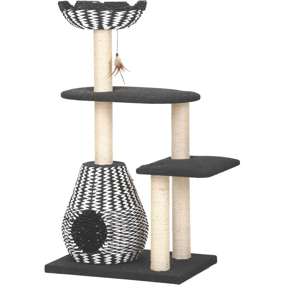

Многофункциональный кошачий комплекс из 4 уровней с домиком из переработанного бумажного каната, верхним лежаком, сизалевыми когтеточками и кожаной игрушкой-дразнилкой, черный