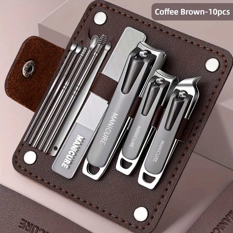 

10pcs Professional Anti-Splash Features Nail Clipper File Nail Care Set Ear Spoon Tools Comes in a Foldable Leather