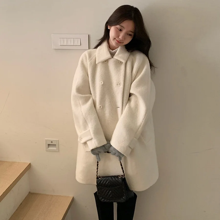 

Chic Warm Winter Aosphere Faionable Collar Double Breasted Cotton Fce Tweed Coat Women's Mid-Length Thiened Outerwear