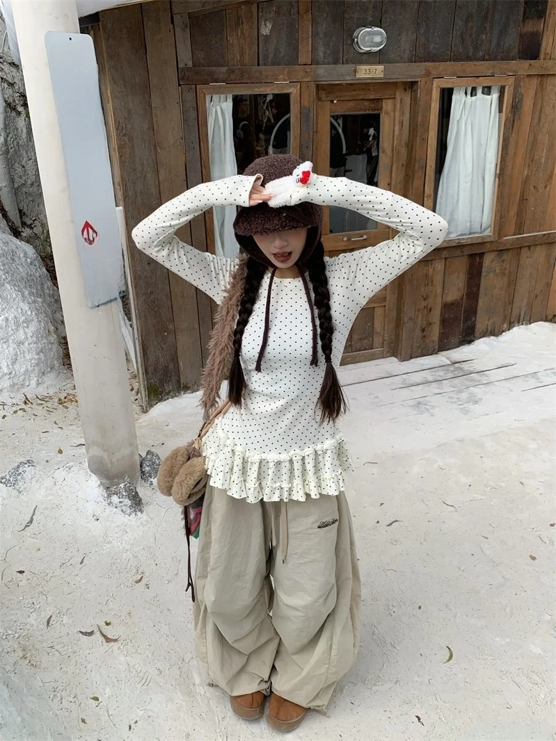 

Retro American Polka Dot Skirt Long Sve T-irt Women's Slim Fit Casual Top Ci Walk Low Waist Straight Tube Bodycon