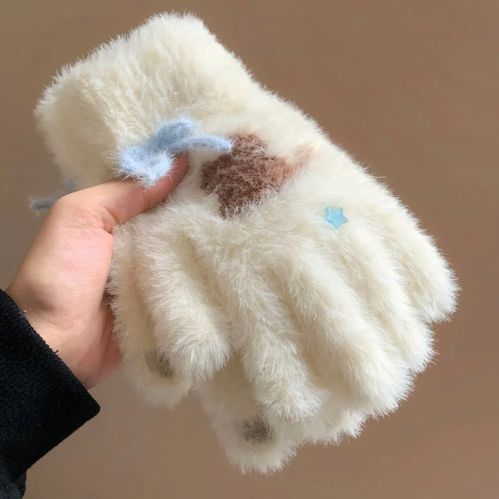 Stylish Bow Star Cat Pattern Full Finger Gloves Polyester One Size Touch Screen Gloves Cold Proof Thick Gloves For Students