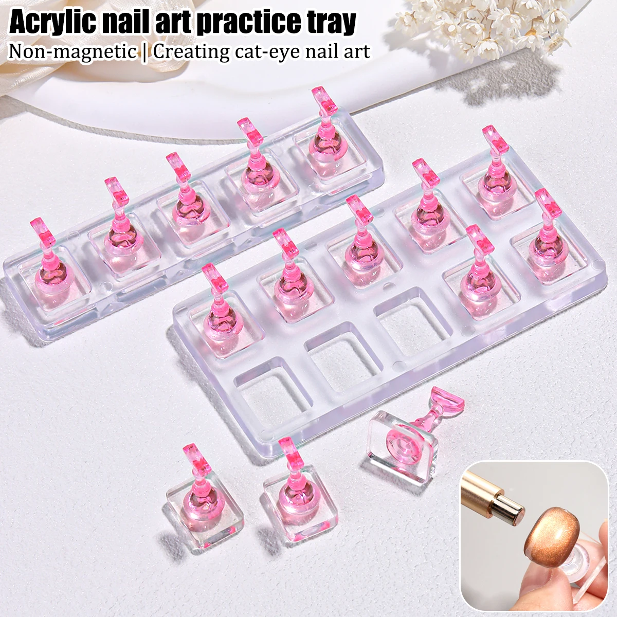 Clip-on Non-Magnetic Acrylic Nail Practice Stand, Transparent and Pink Nail Tip Holder, Multi-Functional Nail Display Stand.