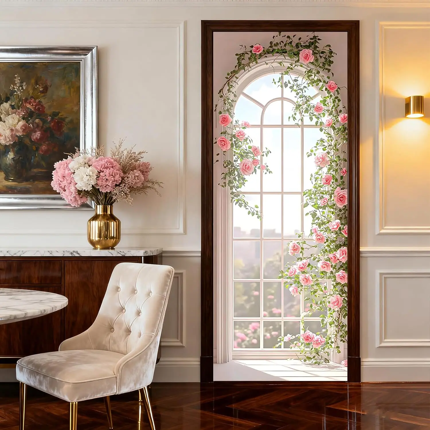 3D Arch Window Pink Rose Vine Door Sticker Self Adhesive Removable Waterproof Vinyl Wallpaper Home