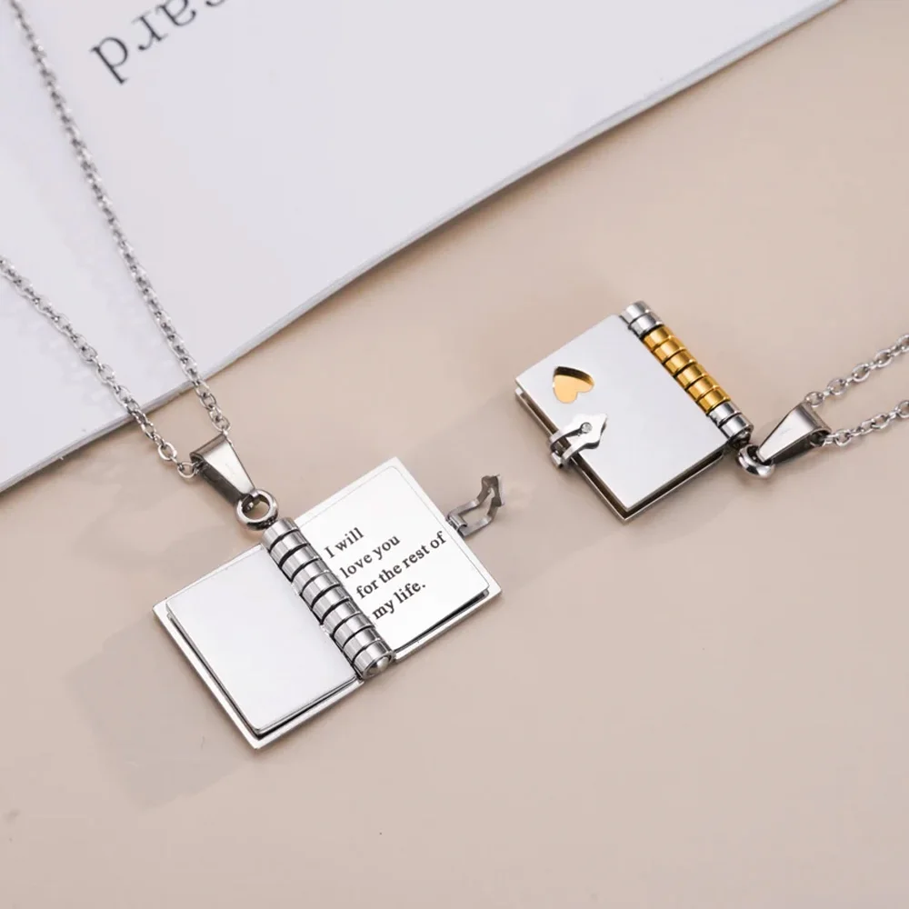 Atoztide-女性のための小さな本のロケットネックレス、パーソナライズされたメッセージ、ステンレス鋼のジュエリー、ペンダントチェーン、誕生日プレゼント