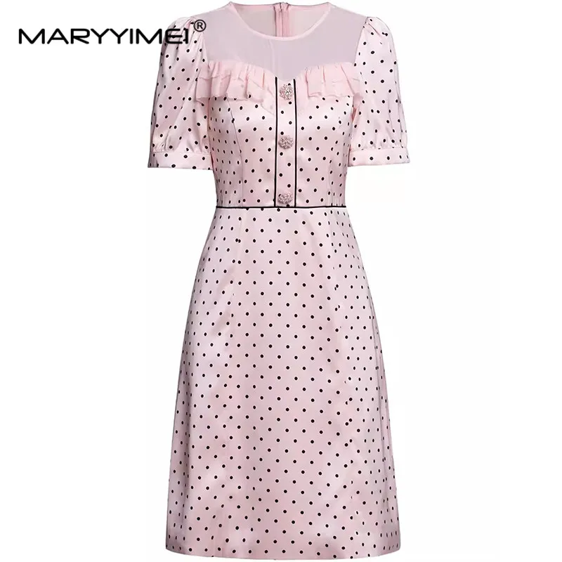 

MARYYIMEI Summer Women's Dress Short Sleeved Dot Print Button Edible Tree Fungus Edge Splicing Streetwear Fashion Dresses