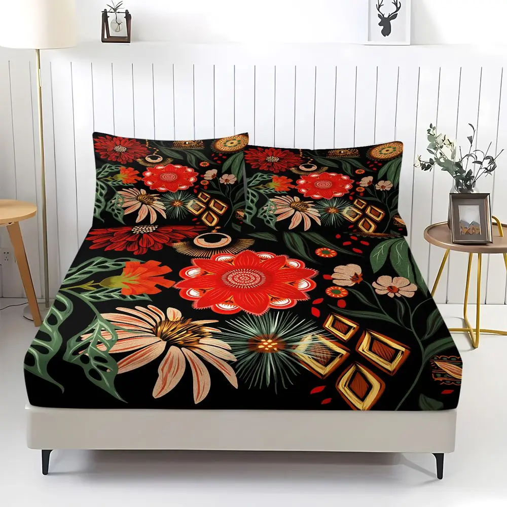 Vintage Boho Red Floral Print Fitted Sheet Set Bed Sheet Set Bedding Set No Fillers Bohemian Stylish Bedroom Bedding Decor
