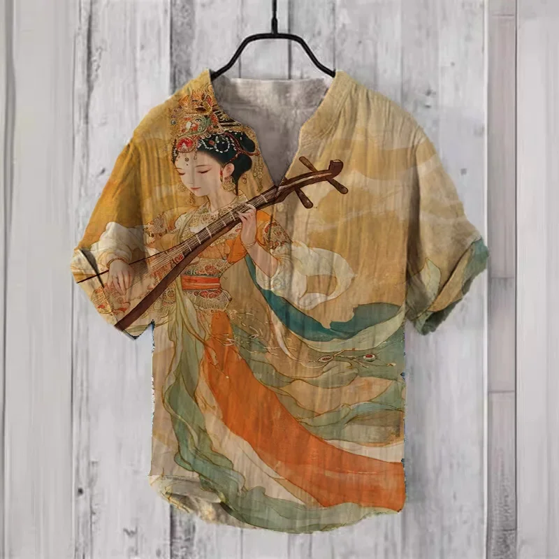 Chinese style Dunhuang Flying Apsaras 3 button V-neck men's shirt linen breathable short sleeved 3D printed exquisite pattern