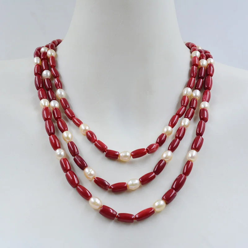 pretty 3 Rows of Natural Red Coral Pearl Necklace Earrings