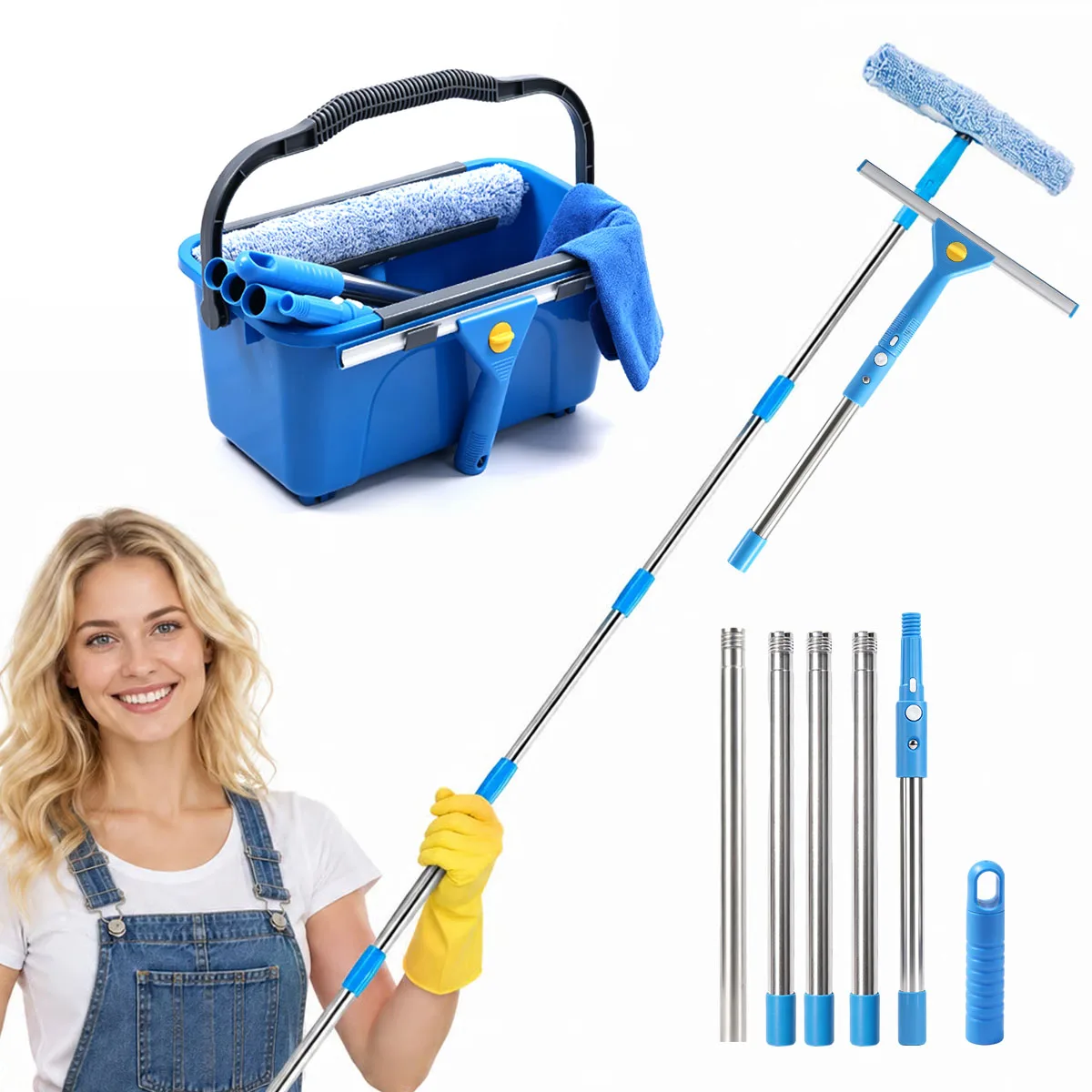 Window Cleaning Kit with Extension Pole, Streak Free Squeegee & Microfiber Washer, All-in-One Glass Cleaner Tool Set with Storage Bucket for Car Windshield, High Windows & Shower Glass