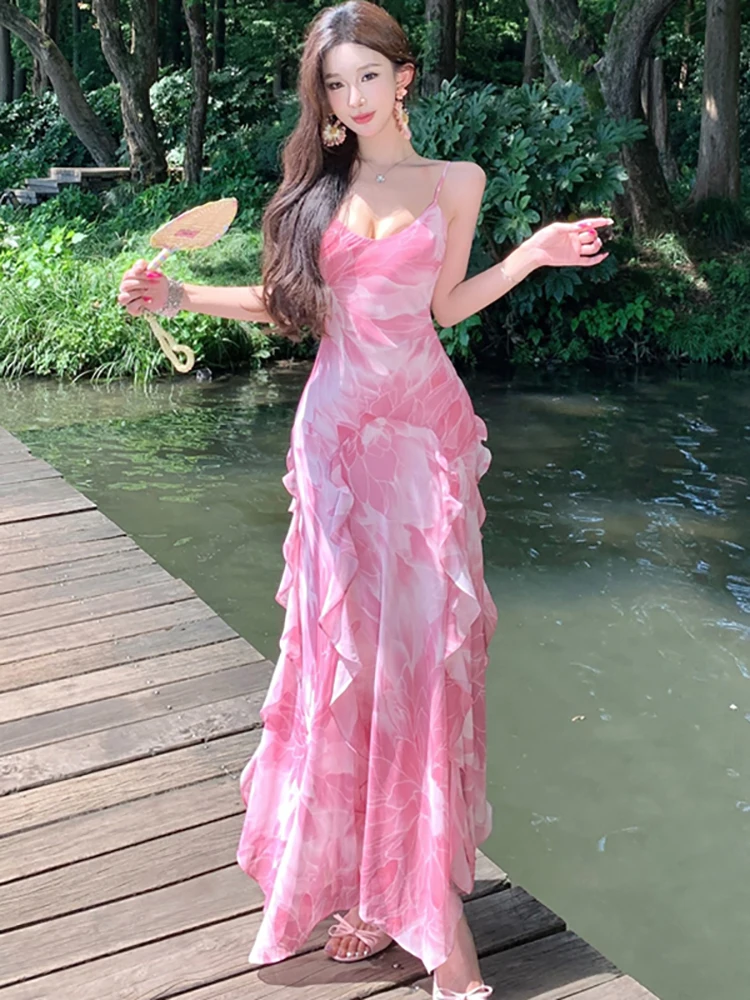 

Women Pink Floral Sling Sexy Long Dress Summer Elegant Ruffled Luxury Party Vestidos 2025 Korean Fashion Bodycon Festival Dress