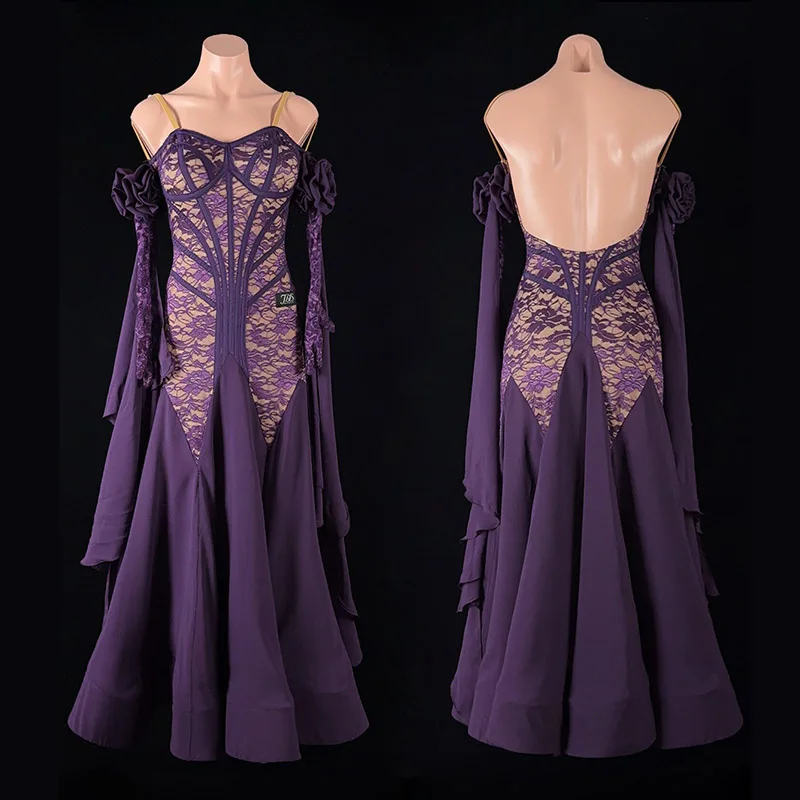Luxury Lace Ballroom Dance Dress Women Waltz Dance Competition Clothing Prom Tango Performance Red Black Purple Dress BL19721