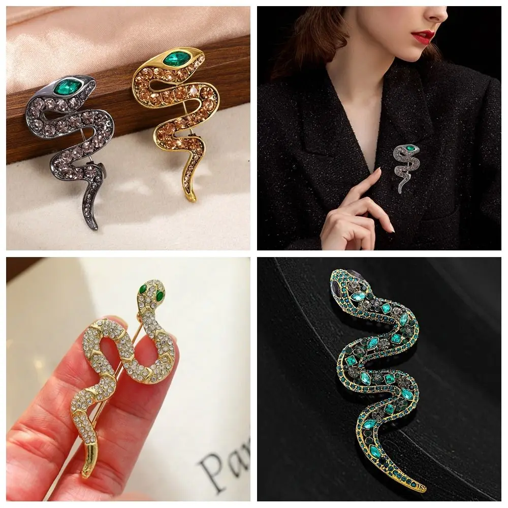 Vintage Zodiac Snake Brooch Alloy Sparkling Rhinestone Animal Collar Pins Zircon High-grade Temperament Metal Snake Lapel Pin