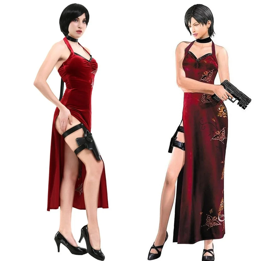 

Women's Secret Service Ada Wong Cosplay Costume Red Lace Cheongsam Lingerie Suit Movie Halloween Christmas Uniform Dress