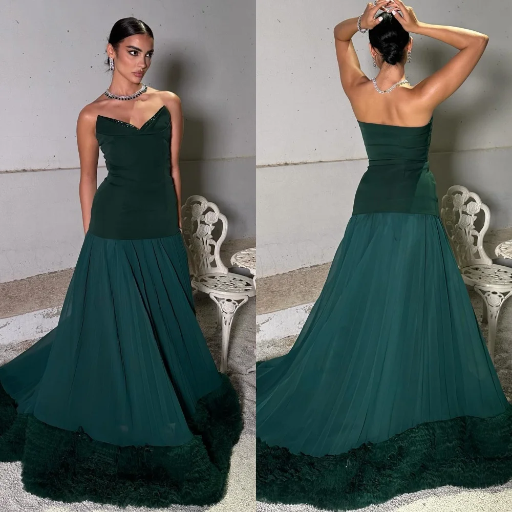 

Customized Casual Chiffon Pleat A-line Strapless Long Dresses Bespoke Occasion Dresses Sparkle Exquisite Matching