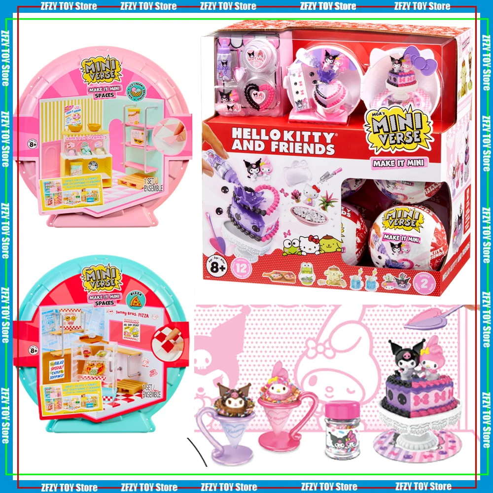 MGA Miniverse Hellokitty سانريو والأصدقاء سلسلة لعبة صغيرة صندوق أعمى اللعب منزل المشهد الأساسي الآيس كريم البيتزا موضوع أنيمي الهدايا