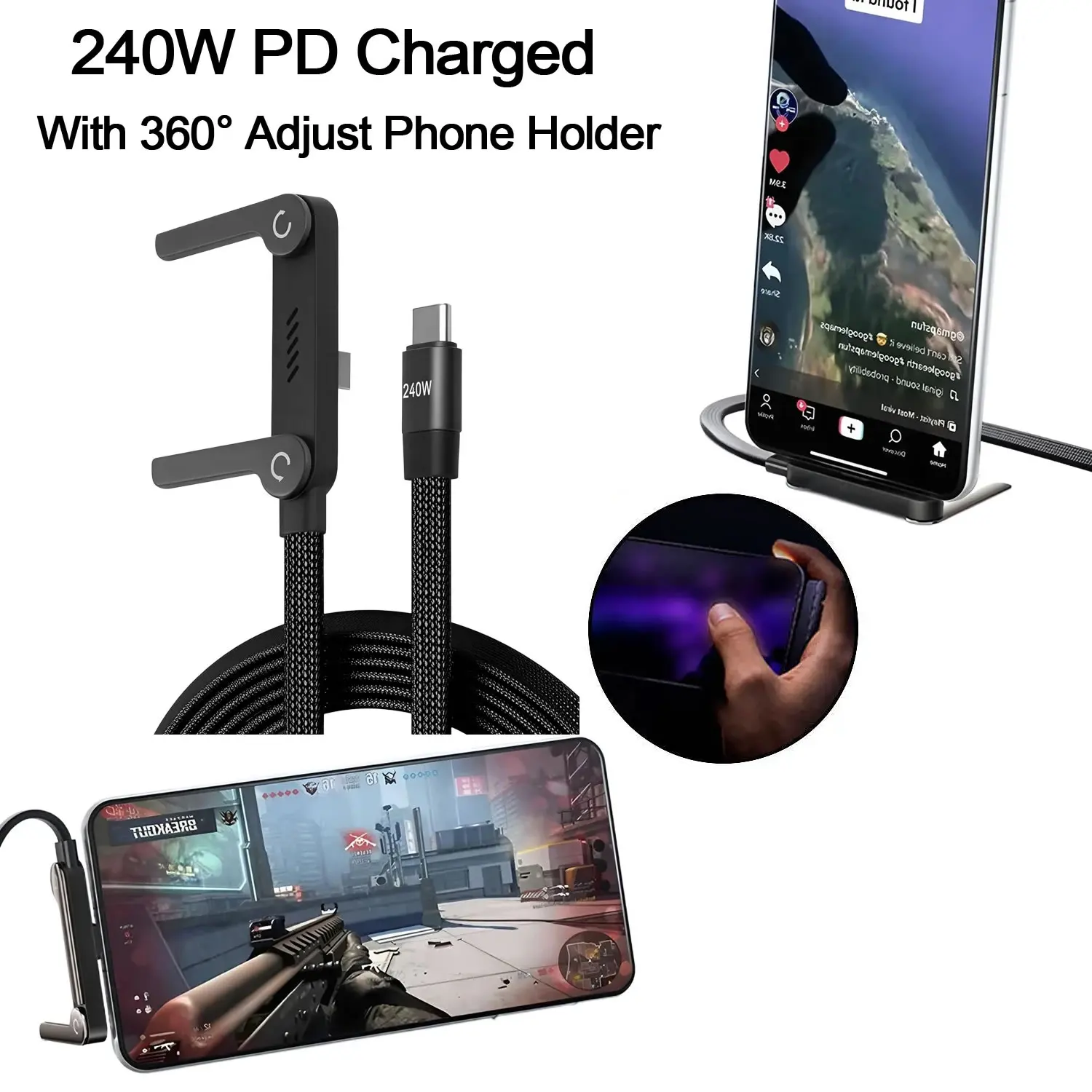 

Боковое зарядное устройство для телефона, зарядный кабель с невидимой подставкой, встроенный зарядный шнур для подставки для телефона со складной подставкой для телефона, держатель 2-в-1