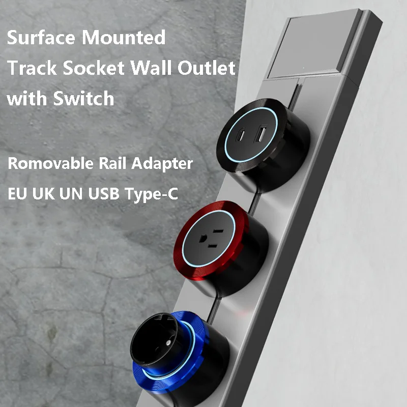 Wall Power Track Socket with Switch Home Kitchen Bathroom Office Wall Electric Socket Romovable Rail Adapter EU UK UN USB Type-C