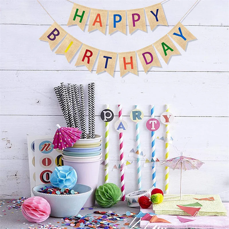 Happy Birthday Streamers Burlap Dovetail Pull Flags Living Room Garden Mall Cafe Children Birthday Party Decoration Banners