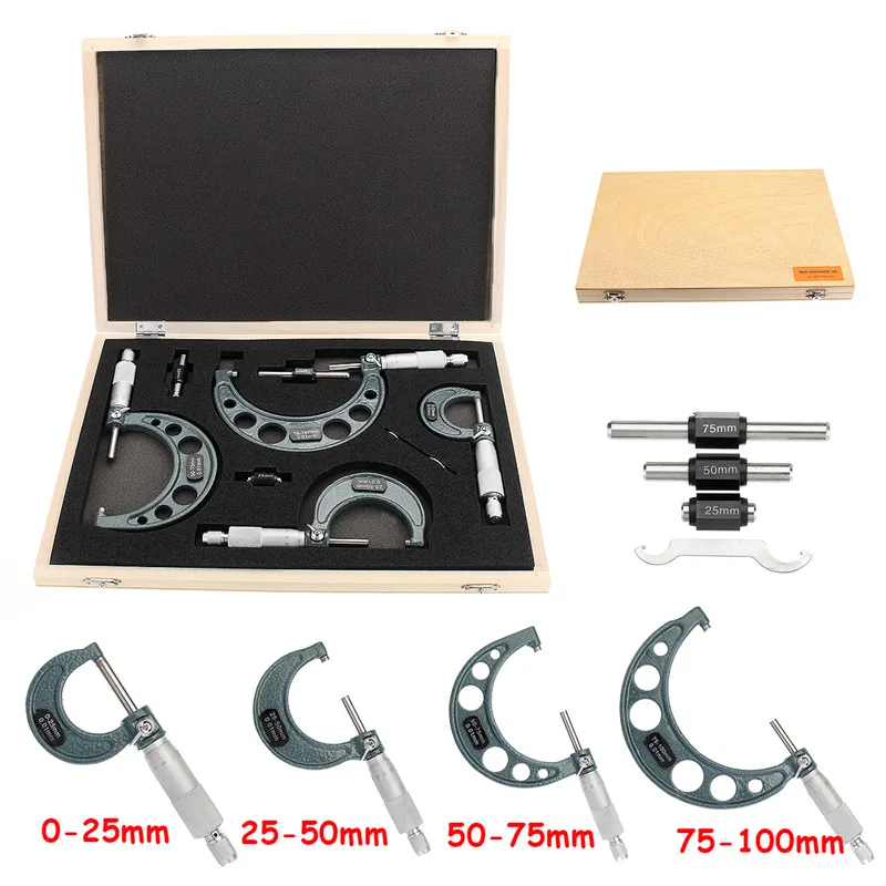 

4pcs Outside Micrometer Set Machinist Tool 0-4" 0-100mm 4 Precision 0.01mm Accuracy Carbide Micrometer Set Kit Measure Tools