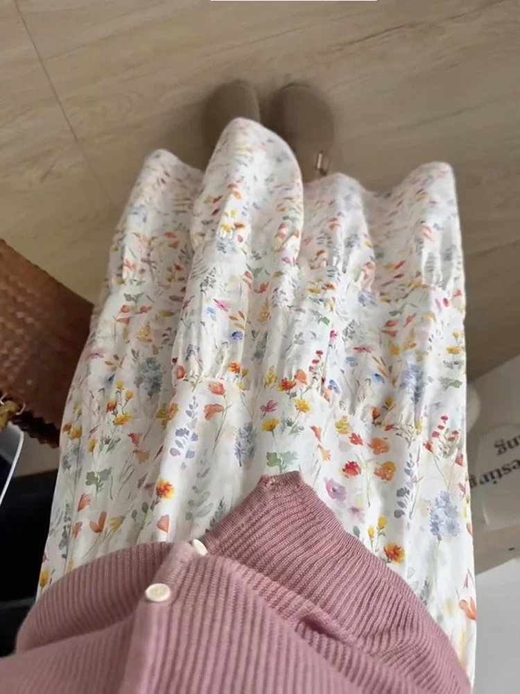 Spring Summer New Women Floral Printed Skirts Casual Versatile Long Skirts Fashion Elastic Waist Female Loose Cake Skirt