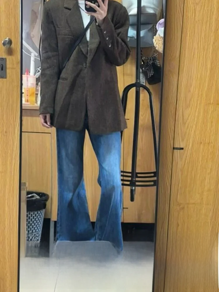 American Sle Straight Leg Thiened Blue Jeans Women's Autumn Winter High Waist High Warmth Slimming Long Pants