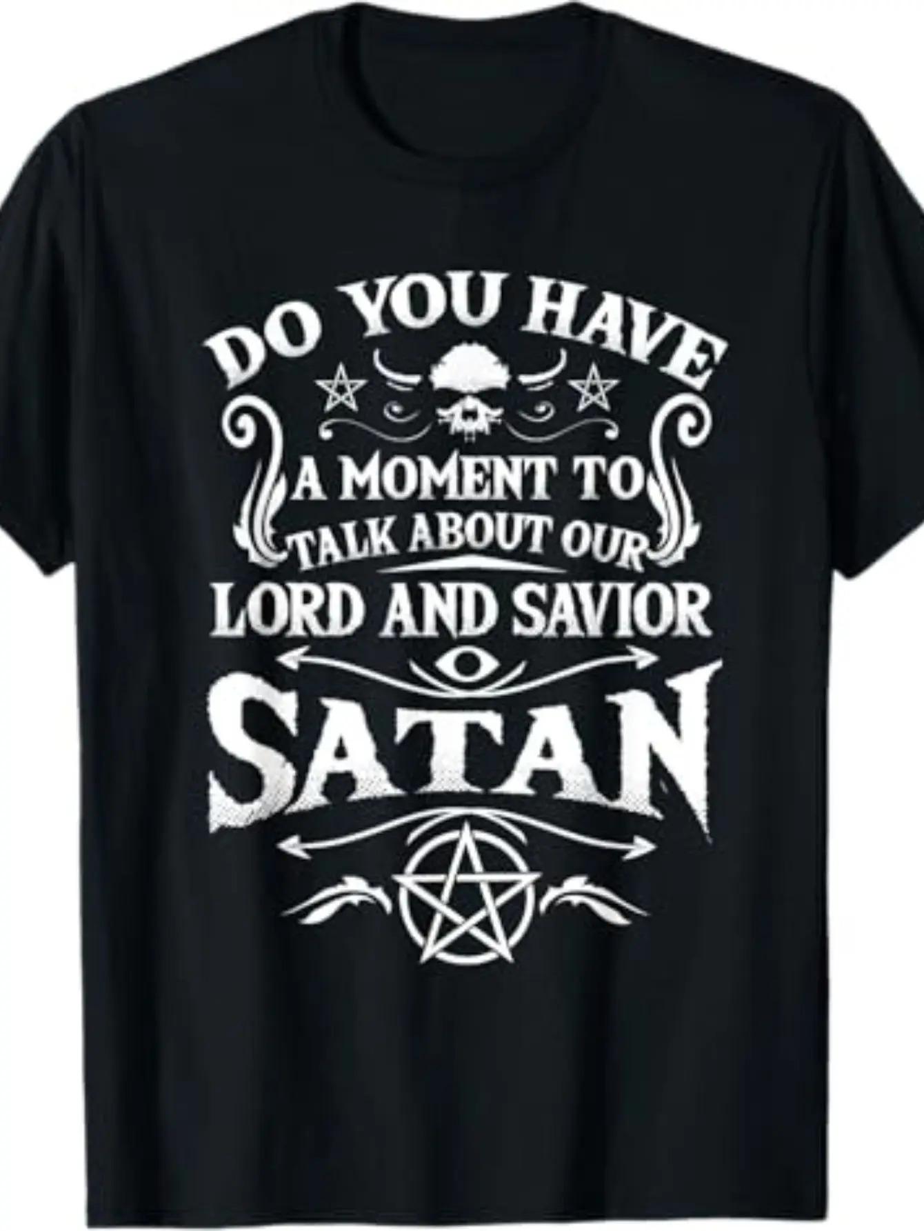 

Мужская загадочная футболка — смелый религиозный принт «Talk About Our Lord and Savior Satan» — тяжелый 100% C-ic, прочная ткань, большой размер