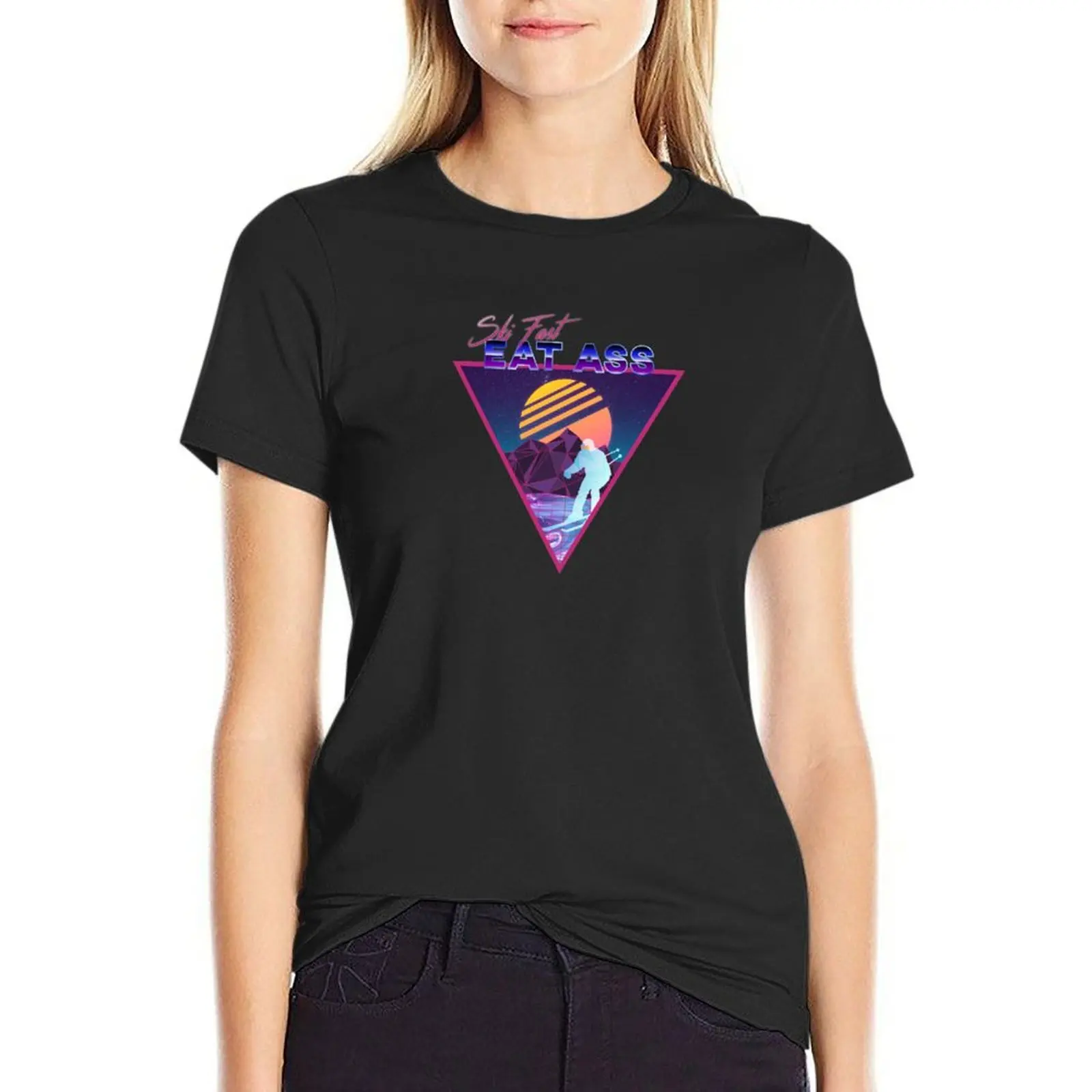 Retro Vaporwave Ski Mountain | Ski Fast Eat Ass | Shirts, Stickers, and More! T-Shirt blacks summer clothes for Women