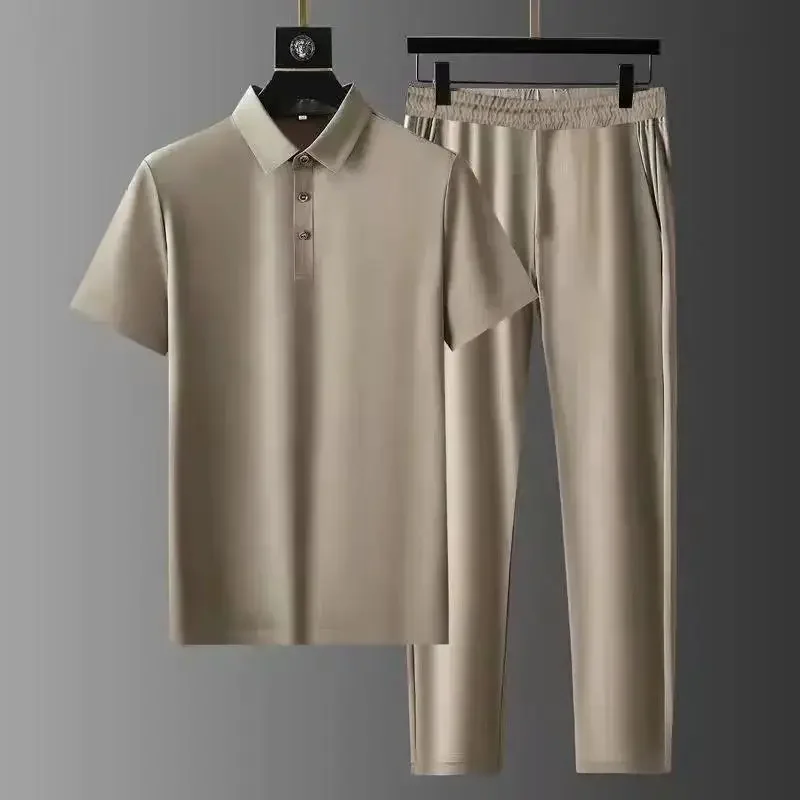 

Men Sets Turn Down Collar Shirts Short Sleeve T Shirts Knee Length Straight Pants Two Pieces Loose Fit Summer Solid Color Casual