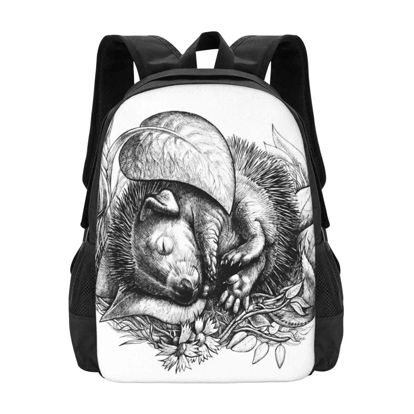 Baby Hedgehog Sleeping Backpacks For School Teenagers Girls Travel Bags Children Animal Black White Nature Baby Flowers Cute